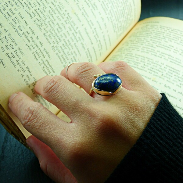 " Golden lapis " - Χειροποίητο δαχτυλίδι, επίχρυσο 18Κ, με ημιπολύτιμο λίθο Lapis Lazuli! - ημιπολύτιμες πέτρες, επιχρυσωμένα, ορείχαλκος, αυξομειούμενα - 3