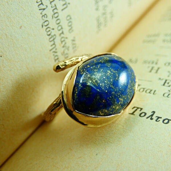 " Golden lapis " - Χειροποίητο δαχτυλίδι, επίχρυσο 18Κ, με ημιπολύτιμο λίθο Lapis Lazuli! - ημιπολύτιμες πέτρες, επιχρυσωμένα, ορείχαλκος, αυξομειούμενα - 2