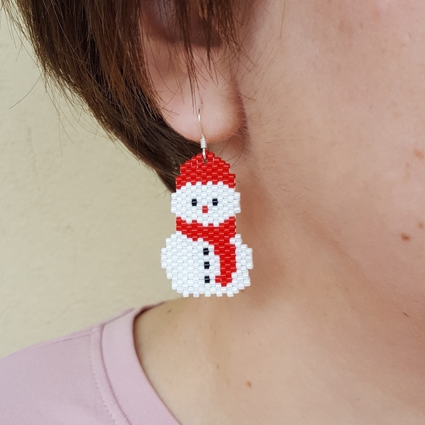 Χριστουγεννιάτικα σκουλαρίκια σε σχήμα χιονάνθρωπου απο χάντρες miyuki-Αντίγραφο - ημιπολύτιμες πέτρες, χειροποίητα, χάντρες, miyuki delica, χιονάνθρωπος - 3