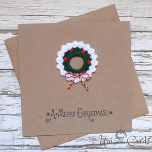 Χριστουγεννιάτικη κάρτα με πλεκτό στεφάνι - νήμα, χριστουγεννιάτικο, χριστουγεννιάτικα δώρα, ευχετήριες κάρτες - 3