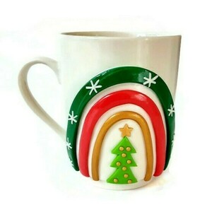 Χριστουγεννιάτικη κούπα με ουράνιο τόξο και χριστουγεννιάτικο δέντρο από πολυμερικό πηλό (360ml)#4 - πηλός, χειροποίητα, χριστουγεννιάτικο