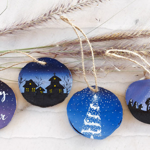 (Σετ 4 στολίδια) Χριστουγεννιάτικα Στολίδια από ξύλο, ζωγραφισμένα στο χέρι - "ΑΓΙΑ ΝΥΧΤΑ" - στολίδια, μπάλες, δέντρο, ξύλο, ζωγραφισμένα στο χέρι
