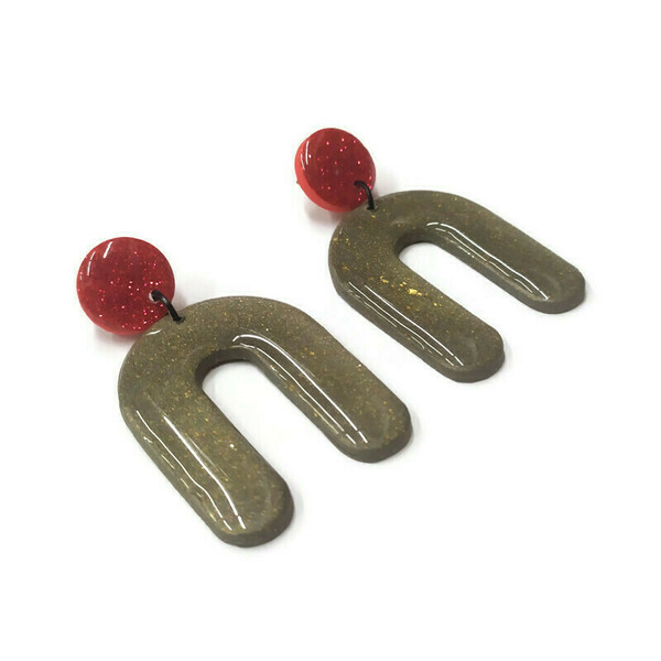 Shiny archs - Χακί σκουλαρίκια από πηλό με κόκκινα στοιχεία - γυαλί, πηλός, boho, κρεμαστά, καρφάκι - 2