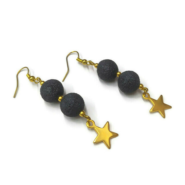 Lucky stars - Σκουλαρίκια με χάντρες από πηλό και επίχρυσα αστεράκια - επιχρυσωμένα, αστέρι, πηλός, μπρούντζος, κρεμαστά - 2