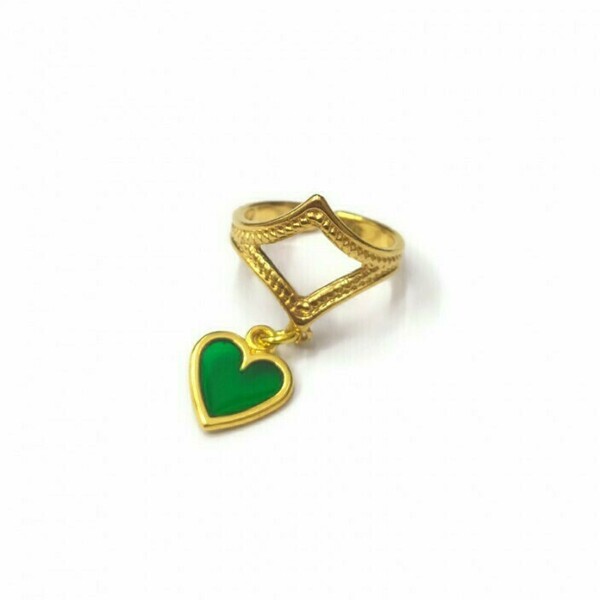 Δαχτυλίδι με charm πράσινη καρδιά - επιχρυσωμένα, ορείχαλκος, καρδιά, γεωμετρικά σχέδια, κοσμήματα