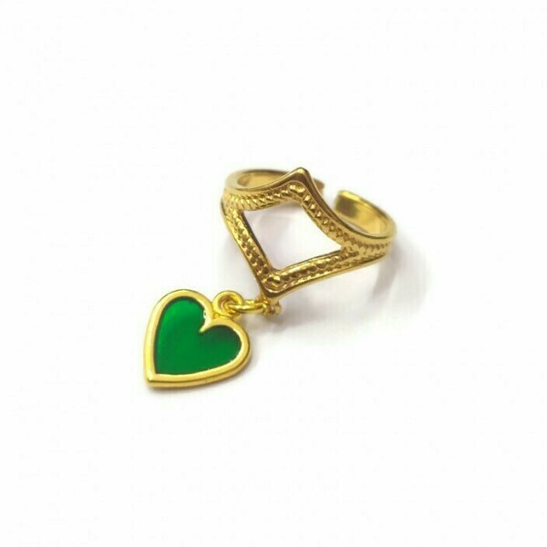 Δαχτυλίδι με charm πράσινη καρδιά - επιχρυσωμένα, ορείχαλκος, καρδιά, γεωμετρικά σχέδια, κοσμήματα - 2