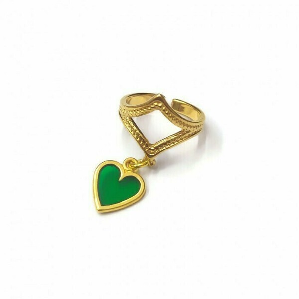 Δαχτυλίδι με charm πράσινη καρδιά - επιχρυσωμένα, ορείχαλκος, καρδιά, γεωμετρικά σχέδια, κοσμήματα - 3