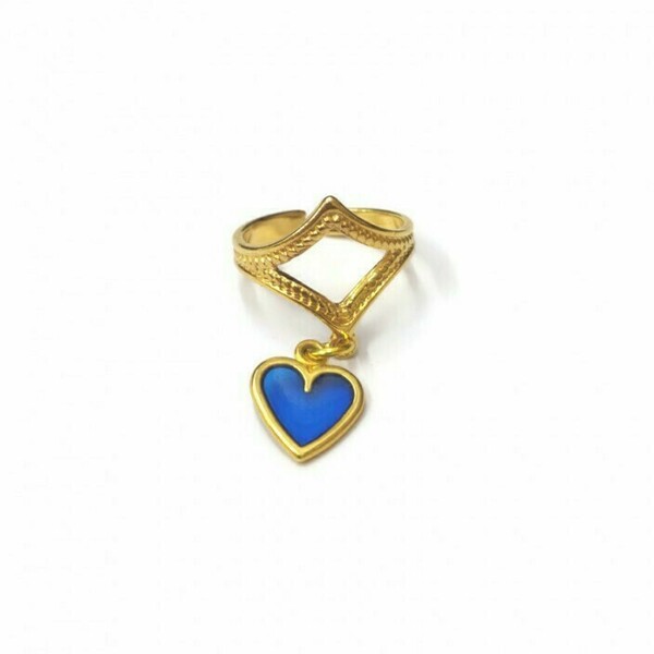 Δαχτυλίδι ρόμβος με charm μπλε καρδιά - επιχρυσωμένα, ορείχαλκος, καρδιά, γεωμετρικά σχέδια, κοσμήματα