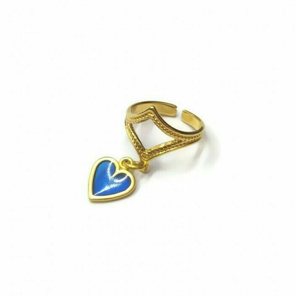 Δαχτυλίδι ρόμβος με charm μπλε καρδιά - επιχρυσωμένα, ορείχαλκος, καρδιά, γεωμετρικά σχέδια, κοσμήματα - 2