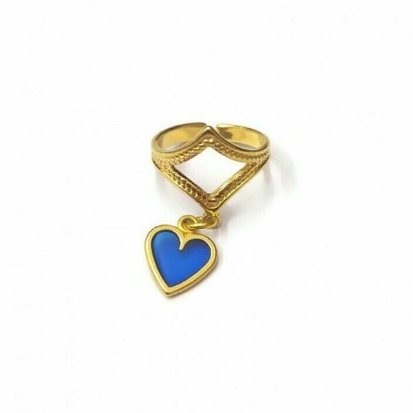 Δαχτυλίδι ρόμβος με charm μπλε καρδιά - επιχρυσωμένα, ορείχαλκος, καρδιά, γεωμετρικά σχέδια, κοσμήματα - 3