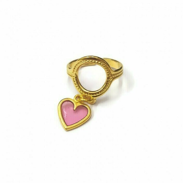 Δαχτυλίδι με charm ροζ καρδιά - επιχρυσωμένα, ορείχαλκος, καρδιά, γεωμετρικά σχέδια, κοσμήματα