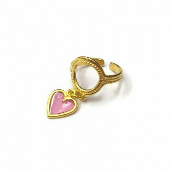 Δαχτυλίδι με charm ροζ καρδιά - επιχρυσωμένα, ορείχαλκος, καρδιά, γεωμετρικά σχέδια, κοσμήματα - 2