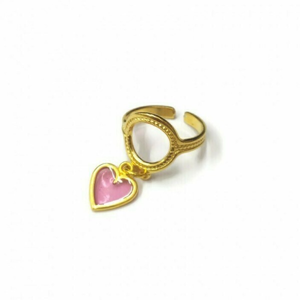 Δαχτυλίδι με charm ροζ καρδιά - επιχρυσωμένα, ορείχαλκος, καρδιά, γεωμετρικά σχέδια, κοσμήματα - 3