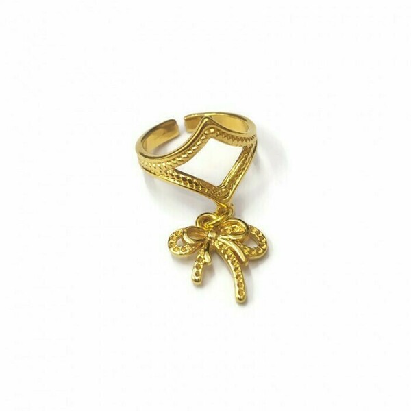 Δαχτυλίδι με charm φιογκάκι - φιόγκος, επιχρυσωμένα, ορείχαλκος, γεωμετρικά σχέδια, αυξομειούμενα - 3