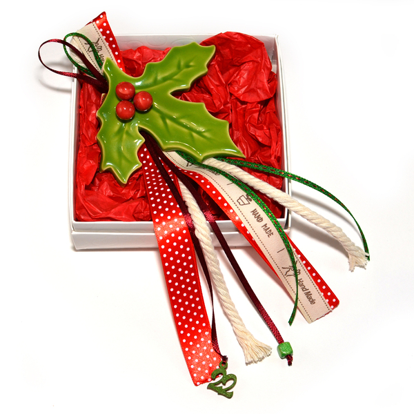 Επιτραπέζιο γούρι γκι κλασσικό πράσινο με κόκκινο από κεραμικό πηλό - πηλός, χριστουγεννιάτικα δώρα, γούρια - 2