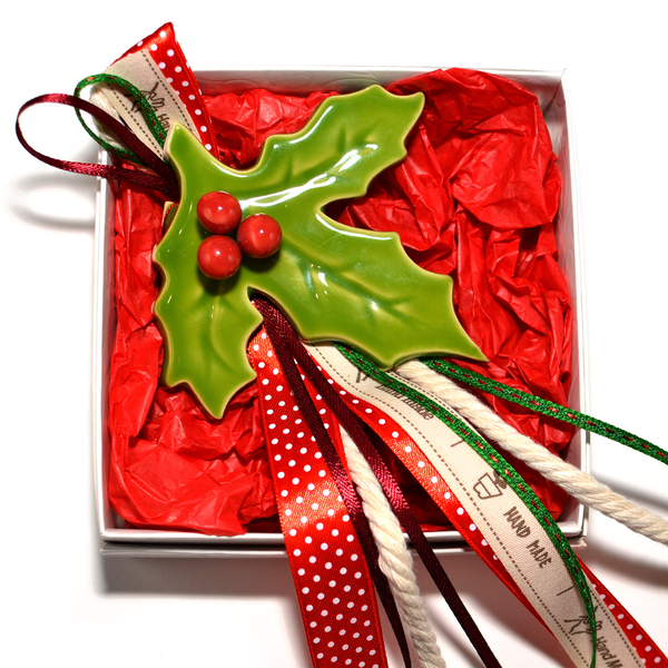 Επιτραπέζιο γούρι γκι κλασσικό πράσινο με κόκκινο από κεραμικό πηλό - πηλός, χριστουγεννιάτικα δώρα, γούρια - 3