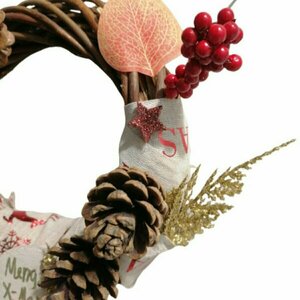 Χριστουγεννιάτικο στεφάνι - ύφασμα, ξύλο, στεφάνια, διακοσμητικά, κουκουνάρι - 2