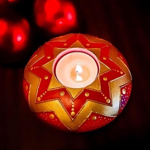 Χριστουγεννιάτικη κόκκινη βάση για ρεσώ - χρυσό αστέρι 10,6x3,8 εκ. - ζωγραφισμένα στο χέρι, αστέρι, χειροποίητα, γύψος, κεριά & κηροπήγια - 3