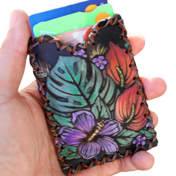 Δερμάτινο Πορτοφόλι για κάρτες Tropical / Floral ζωγραφισμένο και ραμμένο στο χέρι - δέρμα, ζωγραφισμένα στο χέρι, φλοράλ, δώρα για γυναίκες - 2