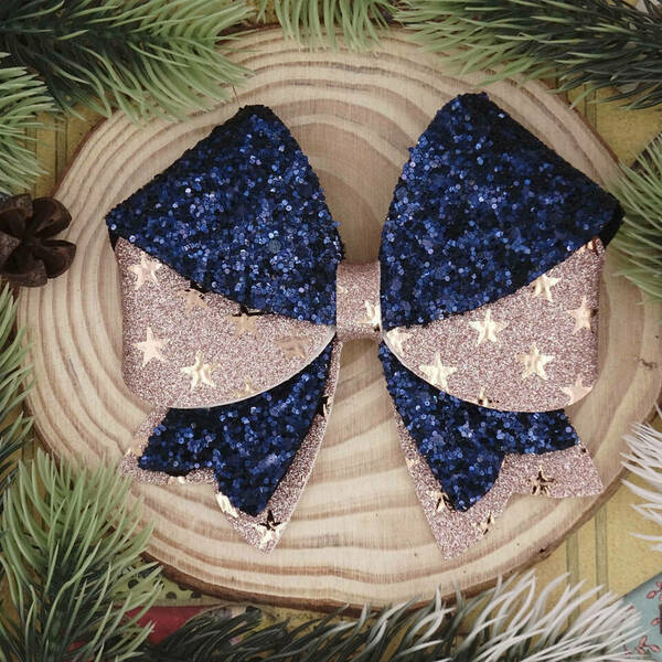 Παιδικό Κλιπ Μαλλιών Δερμάτινη και ύφασμα Glitter Μπλε και Ροζ Χρυσό 10x8 - κορίτσι, μαλλιά, για τα μαλλιά, χριστουγεννιάτικα δώρα, αξεσουάρ μαλλιών - 3
