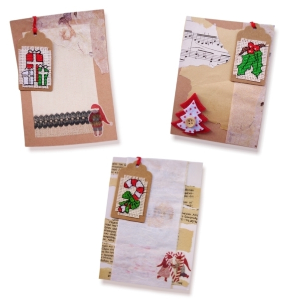Σετ 3 Vintage Χριστουγεννιάτικες Κάρτες με ετικέτα cross stitch - vintage, χαρτί, ευχετήριες κάρτες