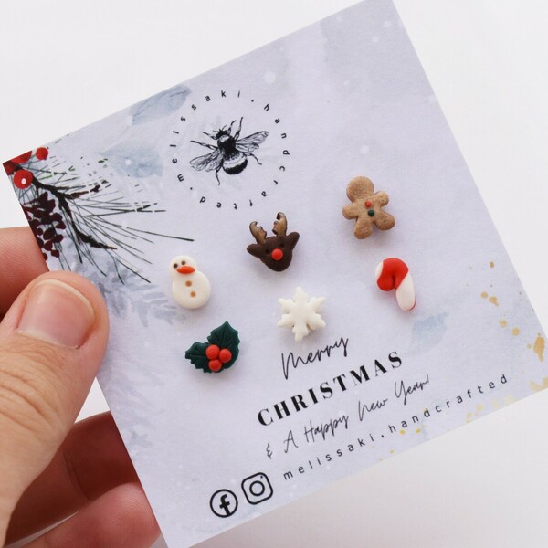 Christmas Combo | Σετ με 6 μικρά καρφωτά χειροποίητα χριστουγεννιάτικα σκουλαρίκια από πηλό (1εκ., ατσάλι) - πηλός, καρφωτά, μικρά, ατσάλι, χριστούγεννα - 3