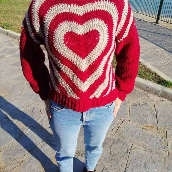 Χειροποίητο πλεκτό πουλόβερ καρδιά! - crop top, μακρυμάνικες - 5
