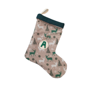 Χριστουγεννιάτικη διακοσμητική κάλτσα μπεζ με ταρανδάκια πράσινα - ύφασμα, διακοσμητικά