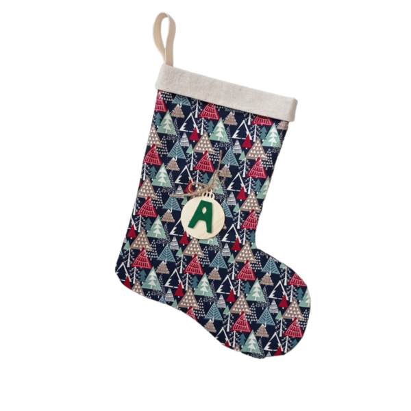 Χριστουγεννιάτικη διακοσμητική κάλτσα μπλε με δεντράκια - ύφασμα, στολίδια