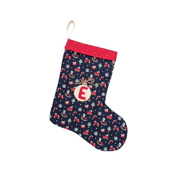 Χριστουγεννιάτικη διακοσμητική κάλτσα μπλε με παιχνίδια - ύφασμα, στολίδια