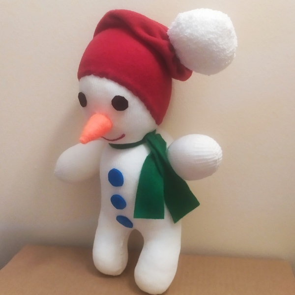 Χιονάνθρωπος χειροποίητος από κάλτσες 29 cm - στολίδι, χριστουγεννιάτικο, διακοσμητικά, χιονάνθρωπος - 2