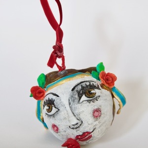 Χριστουγεννιάτικη μπάλα πρόσωπο κορίτσι με στεφάνι-ύψος 10 εκ. - διακοσμητικά, χριστουγεννιάτικα δώρα, αγγελάκι, μπάλες - 2