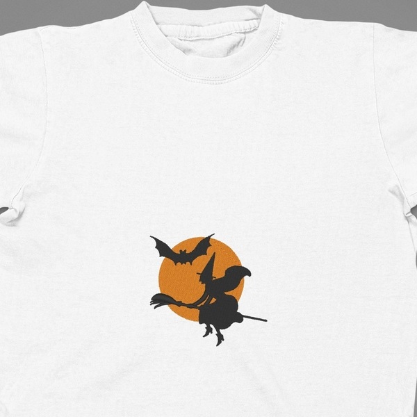 Βαμβακερό μπλουζάκι με κεντητό σχέδιο Halloween μάγισσα με νυχτερίδα - βαμβάκι, κεντητά, δώρο, halloween