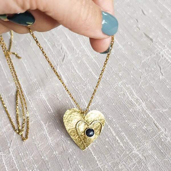 Κολιέ καρδιά με μικρή πέτρα χρυσόλιθου - ημιπολύτιμες πέτρες, ορείχαλκος, καρδιά, κοντά, μενταγιόν - 2