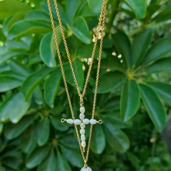 Διπλή αλυσίδα με σταυρό από μαργαριτάρια - ημιπολύτιμες πέτρες, σταυρός, κοντά, ατσάλι, layering - 2