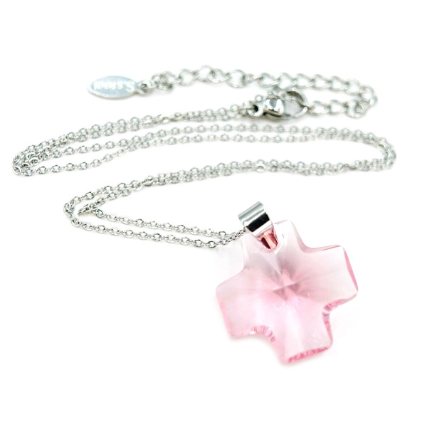 Κολιέ Σταυρός Rose, Λαμπερό Κρούσταλλο Ροζ Χρώμα με Ατσάλινη Αλυσίδα Nikolas Jewelry - charms, σταυρός, κοντά, ατσάλι, φθηνά - 2