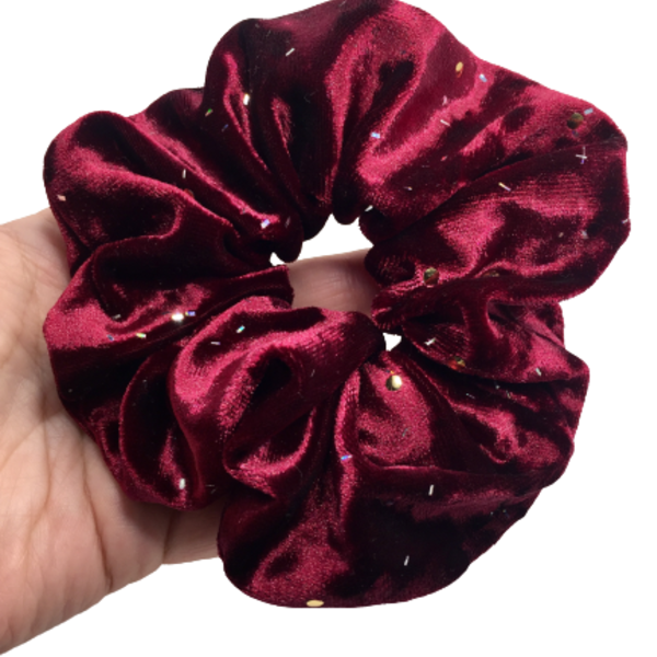 Υφασμάτινο λαστιχάκι scrunchie velvet sparkle μπορντό - ύφασμα, για τα μαλλιά, χριστουγεννιάτικα δώρα, λαστιχάκια μαλλιών
