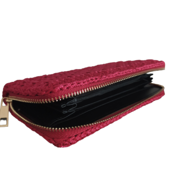 Χειροποίητο πλεκτό δερμάτινο πορτοφόλι με φερμουάρ κόκκινο 20Χ11 - ύφασμα, πλεκτό, δώρο, πορτοφόλια - 2