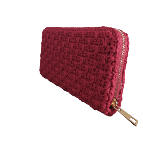 Χειροποίητο πλεκτό δερμάτινο πορτοφόλι με φερμουάρ κόκκινο 20Χ11 - ύφασμα, πλεκτό, δώρο, πορτοφόλια - 3
