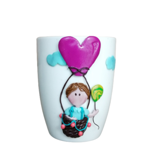 Χειροποίητη τρισδιάστατη κούπα με πολυμερικό πηλό σχέδιο Παιδί σε αερόστατο - δώρο, πηλός, πορσελάνη, κούπες & φλυτζάνια, προσωποποιημένα