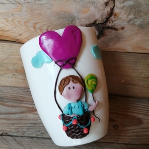 Χειροποίητη τρισδιάστατη κούπα με πολυμερικό πηλό σχέδιο Παιδί σε αερόστατο - δώρο, πηλός, πορσελάνη, κούπες & φλυτζάνια, προσωποποιημένα - 4