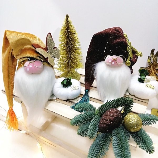 Γούρι ξωτικό νάνος 16 εκατοστά, με μίνι κολοκύθα 2022 βελούδινο μουσταρδι ανάγλυφο - βελούδο, χριστουγεννιάτικα δώρα, άγιος βασίλης, κολοκύθα, γούρια - 2