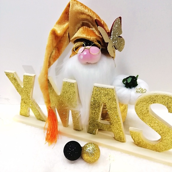 Γούρι ξωτικό νάνος 16 εκατοστά, με μίνι κολοκύθα 2022 βελούδινο μουσταρδι ανάγλυφο - βελούδο, χριστουγεννιάτικα δώρα, άγιος βασίλης, κολοκύθα, γούρια - 4