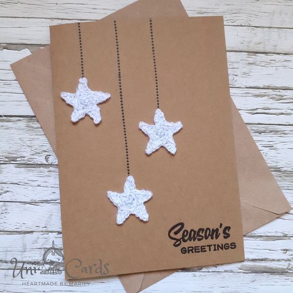 Χριστουγεννιάτικη κάρτα με πλεκτά αστεράκια - νήμα, αστέρι, ευχετήριες κάρτες - 3