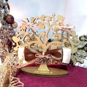 Γούρι 2024 ξύλινο δεντράκι χρυσό-καφέ-σωμόν 11×3×10,7cm - ξύλο, χριστουγεννιάτικα δώρα, γούρια, πρωτοχρονιά, δέντρο - 3