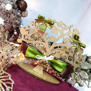 Γούρι 2024 ξύλινο δεντράκι χρυσό-καφέ-λαδί 11×3×10,7cm - ξύλο, χριστουγεννιάτικα δώρα, γούρια, πρωτοχρονιά, δέντρο - 2