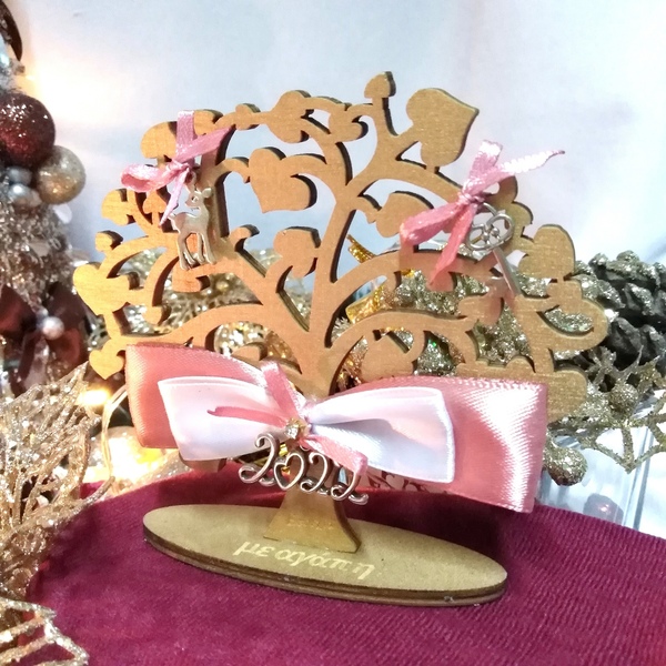 Γούρι 2024 ξύλινο δεντράκι χρυσό-vintage ροζ-ιβουάρ 11×3×10,7cm - ξύλο, χριστουγεννιάτικα δώρα, γούρια, πρωτοχρονιά, δέντρο - 3