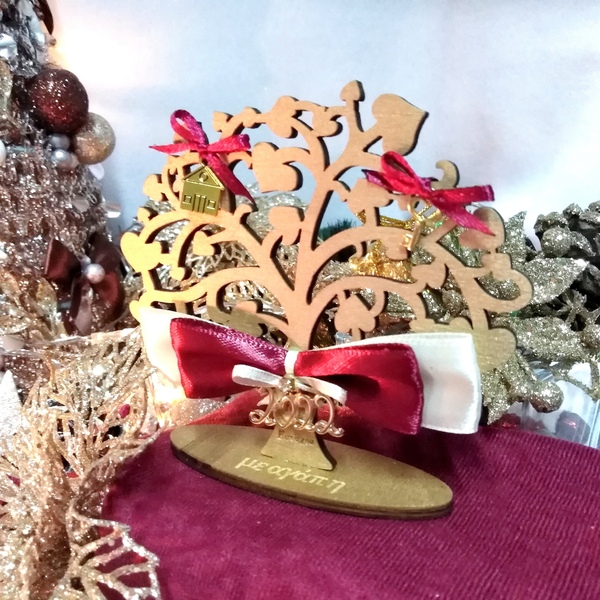 Γούρι 2024 ξύλινο δεντράκι χρυσό-μπορντό-ιβουάρ 11×3×10,7cm - ξύλο, χριστουγεννιάτικα δώρα, γούρια, δέντρο - 3