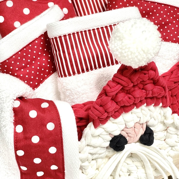 Σετ Δώρου Άι Βασίλης Πλεκτό Καλάθι - 6 Πετσέτες Χειρός - λευκά είδη, χριστουγεννιάτικα δώρα, άγιος βασίλης, σετ δώρου - 4