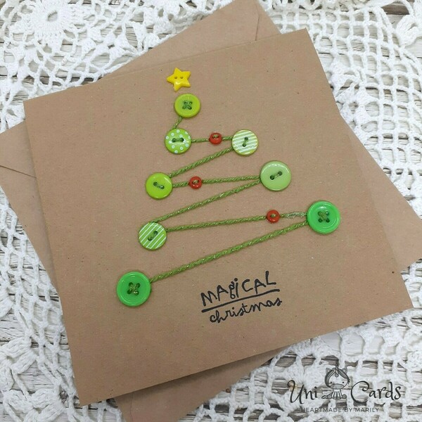 Χριστουγεννιάτικη κάρτα με δεντράκι από κουμπιά - νήμα, χριστουγεννιάτικο, ευχετήριες κάρτες, δέντρο - 2